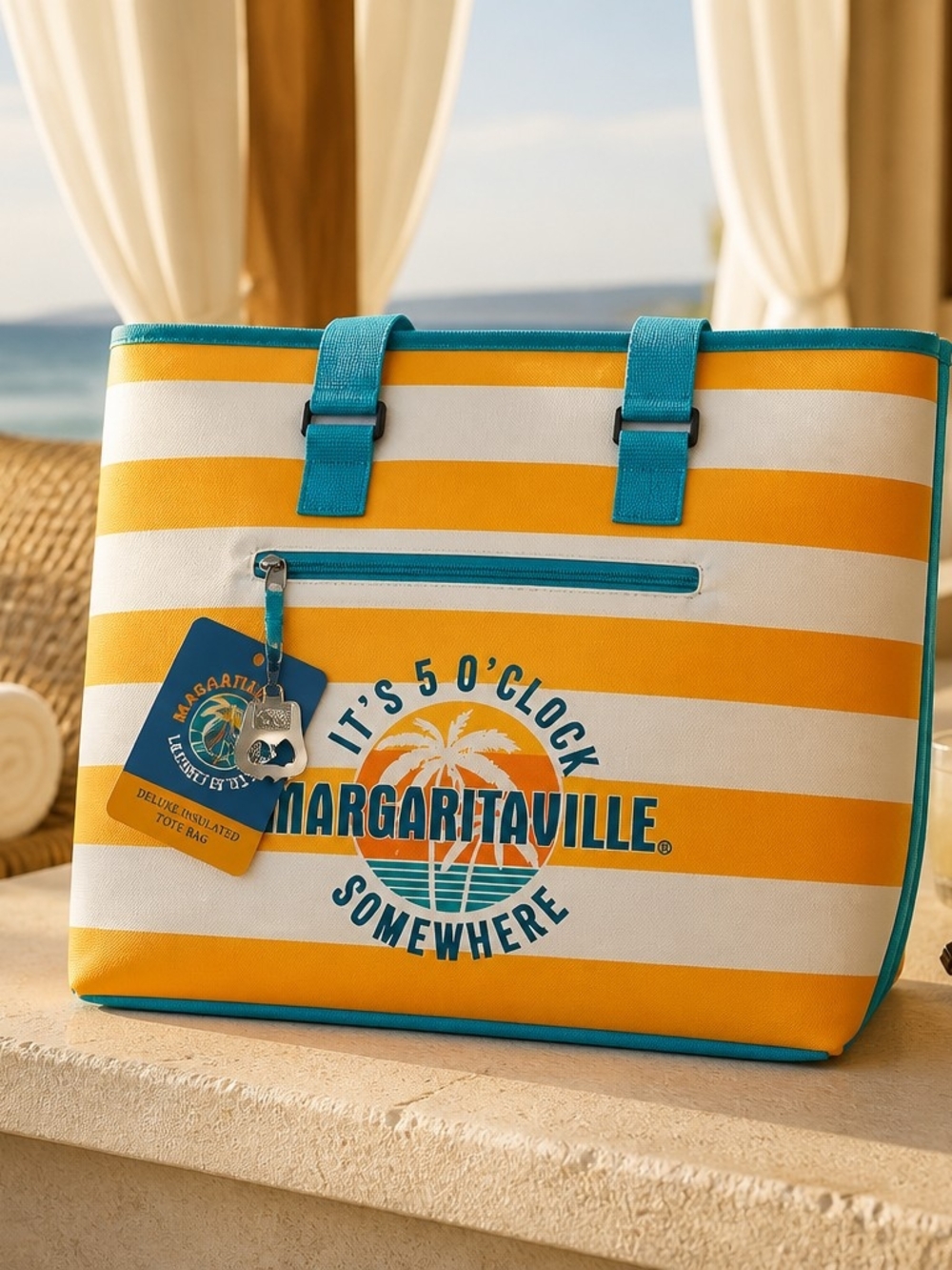 Margaritaville Yellow & White Striped Insulated Cooler Tote with Teal Trim